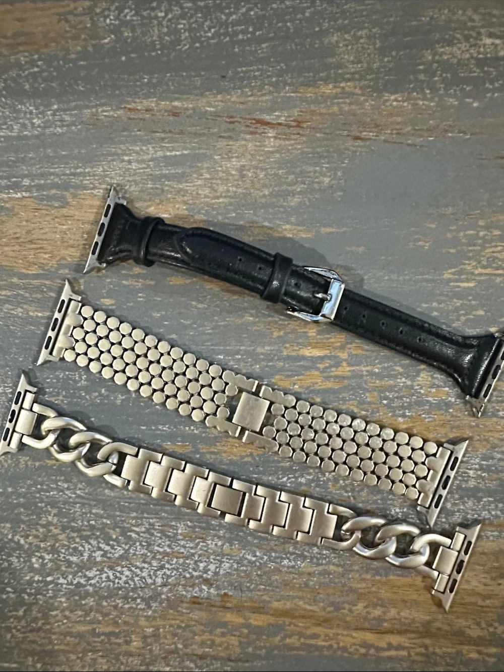 Interchangeable Watch Bands - Black Leather & Silver Metal Trio